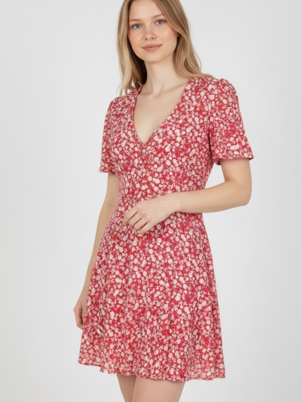 Thanne Red White Floral V-Neck Short Sleeve Mini Dress Size 10